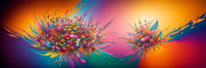 Wall Mural - Colorful floral banner. Spring or summer flowers abstract theme. Rainbow colors. Elegant ornament with exotic fantasy flowers, leaves. Modern tropical wallpapers. Design for print, site. Generative AI