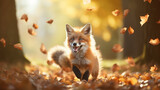 Fototapeta Zwierzęta - a cute fox runs in leaf fall through autumn leaves a view of wild nature the joy of change, a dynamic scene of flying leaves