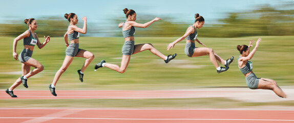 Sticker - Sports, long jump and sequence of woman on race track in stadium for exercise, training and workout. Fitness, fast and female athlete in action with motion blur for challenge, competition and jumping