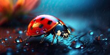 Illustration Of Colorful Ladybug In The Rain, Generative AI