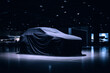 © Pavel - unknown new mystery SUV car presentation covered by black fabric, offroad car under cloth, stands in black garage. Ai generated art