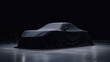 © Pavel - unknown new mystery car presentation covered by black fabric, sports car is hidden under cloth, stands in black garage. Ai generated art