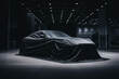 © Pavel - unknown new mystery car presentation covered by black fabric, sports car is hidden under cloth, stands in black garage. Ai generated art