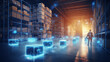 warehouse technology of the future, warehouse program, neon background, futuristic computer graphics design