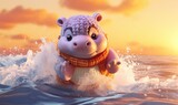 Photo of a lively cartoon hippo splashing through the water