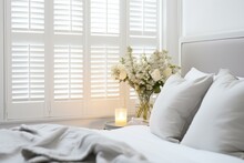 High-end White Indoor Shutters For Bedroom With Focus On Detail. Generative AI