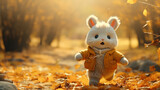 Fototapeta Dziecięca - cute plush cartoon rabbit runs along the autumn path in the park and kicks the fallen yellow leaves, happiness autumn greetings