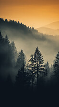 A Lonely Pine Tree In The Sunset Mist In The Mountains, An Autumn Calm Landscape Of Wildlife, A Vertical Panorama Of The Forest