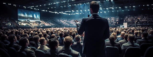 rearview of businessman conference speaker instuctor gave speech on stage in convention seminar conference hall center ,ai generate