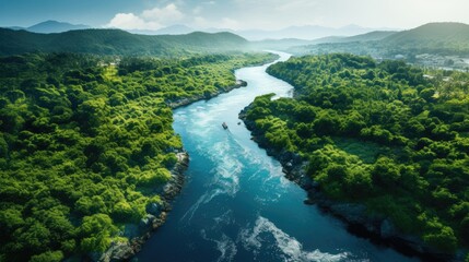 A mesmerizing image of a winding river in an overhead shot, with lush greenery and boats floating peacefully