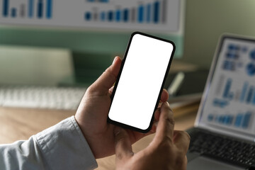 Wall Mural - businessman holding a blank screen smartphone mobile with blank screen blank for your advertising te