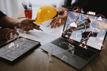 engineer architect industry 4.0 using tablet construction site, industrial and innovation infographi