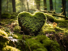 Forest Dig Cemetery, Funeral Background - Closeup Of Wooden Heart On Moss. Natural Burial Grave In The Woods. Tree Burial (Generative Ai)