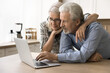 © fizkes - Focused elderly senior couple using online application, service on laptop at home together. Mature wife hugging older freelance husband working at computer on business project