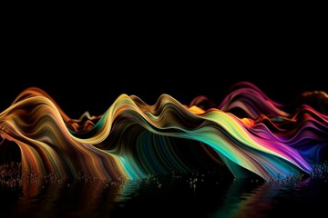 Wall Mural - Artistic digital illustration of colorful liquid waves and splashes on black background. Generative AI