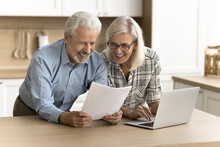Happy Satisfied Senior Retired Couple Reading Legal Document, Financial Report, Paper Insurance Agreement, Getting Good News, Investment Income, Enjoying Good Successful Retirement