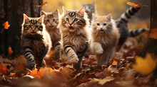 A Group Of Cute Cats Running Towards In Autumn Leaves Leaf Fall Sunny Day In The Park