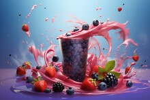 Luscious Blackberry Blueberry Juice Or Smoothie Swirl With Ripe Berries. 3D Splash Of Forest Fruit Juice, Isolated Design On Colorful Background. Generative AI