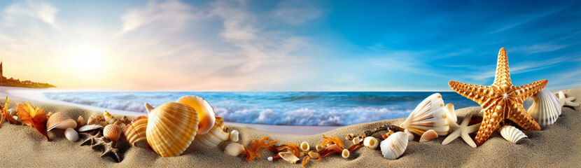 Beach summer vacation theme, concept background illustration with sea shells and starfish on sand and blue sea in background