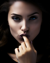 Seductive beautiful woman playing with a finger in her mouth, touching her lips and with a sensual and playful look in her eyes.