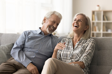 Cheerful elder husband and wife having fun at home together, relaxing on cozy couch at home, talking, laughing, enjoying retirement, conversation, family leisure, humor