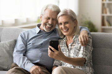 Wall Mural - Happy senior retired couple of grandparents talking on online video call, using mobile phone on home sofa for remote Internet communication, enjoying conversation, family chat