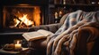 © Increasi - cozy fireplace scene with warm blanket and book on nearby chair