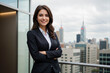 business woman standing on the rooftop with a smile on her face,
career woman,
office lady,
