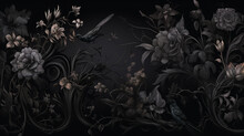 Black Flowers Ornament On Dark Background Gothic Style