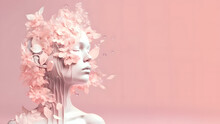 Wondrous Minimalistic Illustration Portrait Woman With Pink Flowers And Liquid Melting From Her Face.
