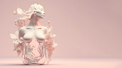 Wondrous minimalistic illustration silhuet woman body created by with pink flowers and glas