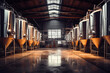Fermentation mash vats or boiler tanks in a brewery factory. Brewery plant interior. Factory for the production of beer. Modern production of draft drinks. Selective focus.