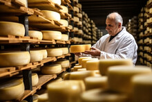 An Elderly Cheese Maker Checks The Quality Of The Cheese. Homemade Cheese Production.