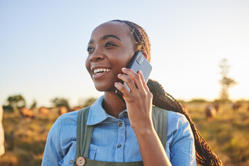 Wall Mural - Phone call, countryside and black woman with connection, agriculture and communication with a smile. Person outdoor, girl or farmer with a cellphone, conversation and ecology with nature and contact