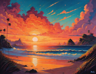 Wall Mural - Beach landscape with sunset view, generative AI