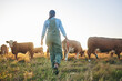 © Charlize Davids/peopleimages.com - Woman, cow farm and walking in countryside on a grass field at sunset with farmer and cattle. Female person, back and agriculture outdoor with animals and livestock for farming in nature with freedom