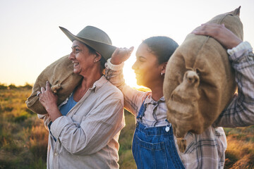 Poster - Farm harvest, women and countryside with a smile from working on a grass field with grain bag. Sustainability, eco friendly and agriculture outdoor at sunset in nature with farmer management mission