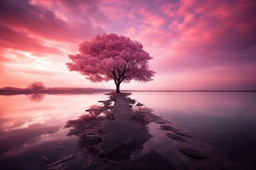  Serene atmosphere of a pink sky captured naturally in this image. Generative AI