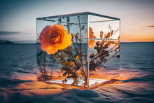 Roses Dans Un Cube De Verre Avec De L'eau, Dans Le Désert Aride - Générative Ia