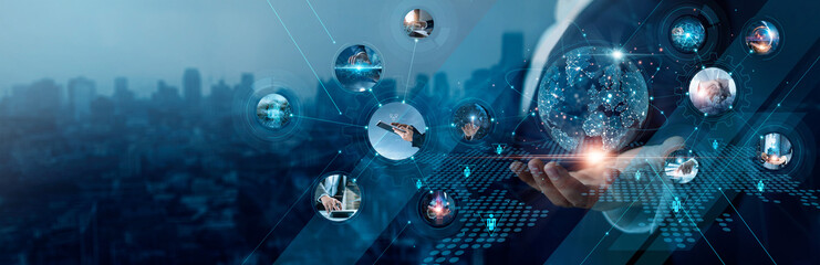 Poster - Digital technology, Business and economic growth on global business network, Data analysis of Investment, Customer service, Technology and data connection, Business strategy and Digital marketing.