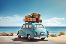 Old Vintage Car Loaded With Luggage On The Roof Arriving On Beach With Beautiful Sea View. Summer Travel Concept Background