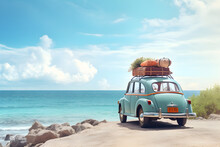 Old Vintage Car Loaded With Luggage On The Roof Arriving On Beach With Beautiful Sea View. Summer Travel Concept Background With Copy Space