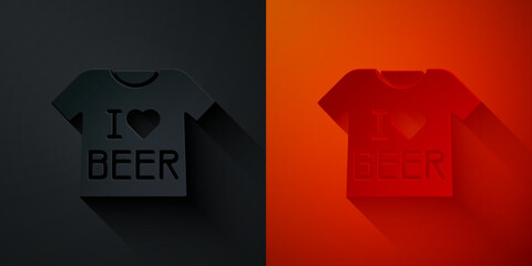 Sticker - Paper cut Beer T-shirt icon isolated on black and red background. Paper art style. Vector