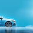 © Simona - Car wash wide banner, light blue colored. New modern car. Generative AI.