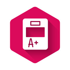 Poster - White Exam sheet with A plus grade icon isolated with long shadow background. Test paper, exam, or survey concept. School test or exam. Pink hexagon button. Vector