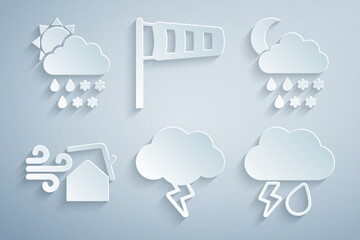 Sticker - Set Storm, Cloud with snow, rain, moon, Tornado swirl, and lightning, Cone meteorology windsock wind vane and sun icon. Vector