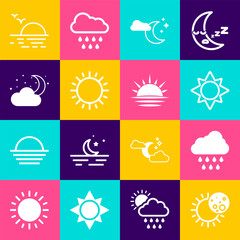 Sticker - Set Eclipse of the sun, Cloud with rain, Sun, moon and stars, Sunset and icon. Vector