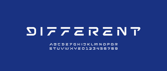 Wall Mural - tech font, digital alphabet, bold latin letters a-z and arab numerals 0-9 made in design cyber futur
