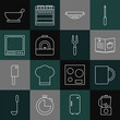 Set line Blender, Coffee cup, Cookbook, Kitchen colander, Oven, Electronic scales, Mortar pestle and Barbecue fork icon. Vector
