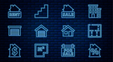 Wall Mural - Set line House with percant discount, plan, Hanging sign Sale, Garage, Rent, and Staircase icon. Vector